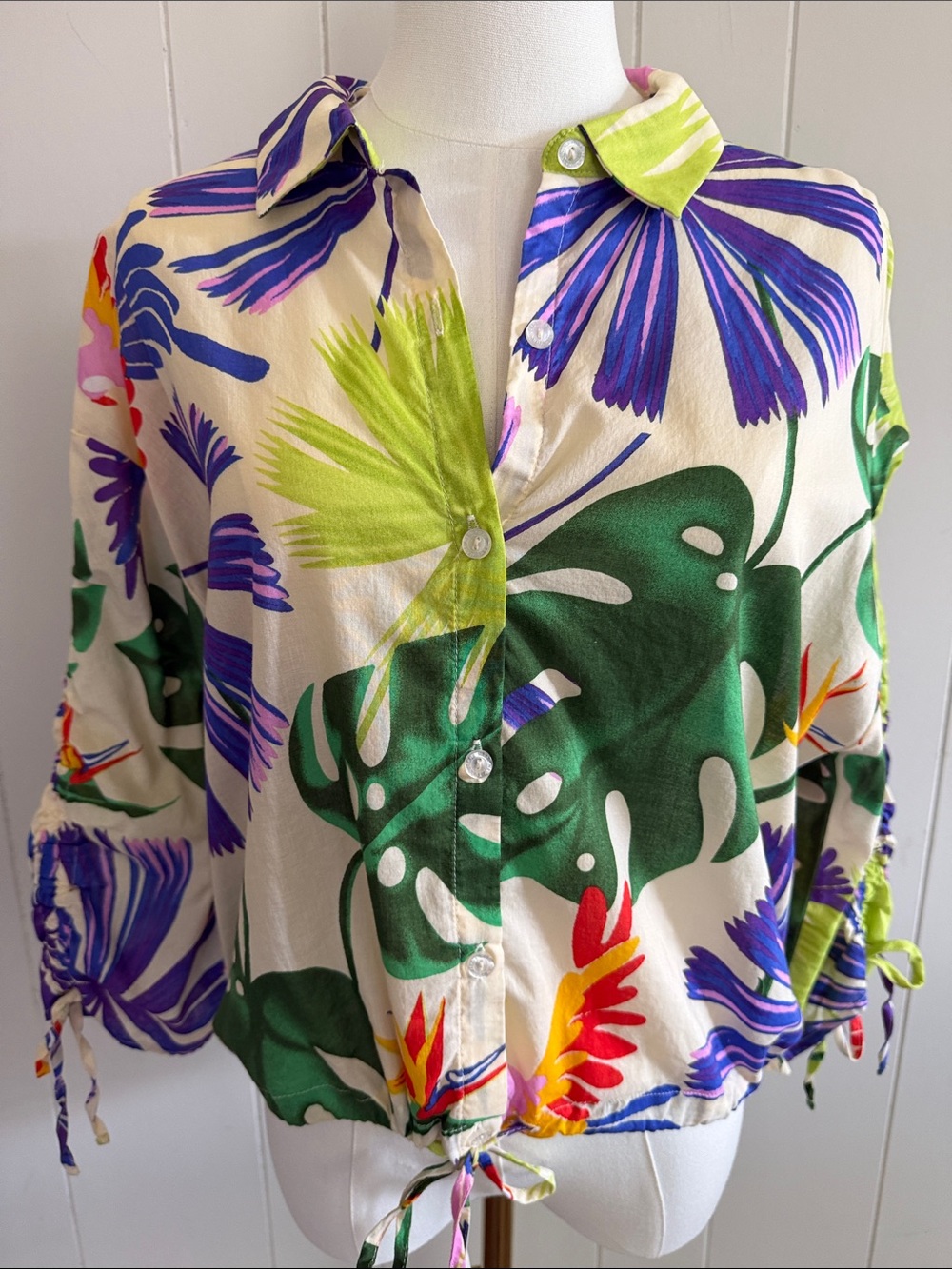 Marc New York Tropical Print Button-Front Blouse Cotton Resort Vacation Size L - Picture 9 of 13